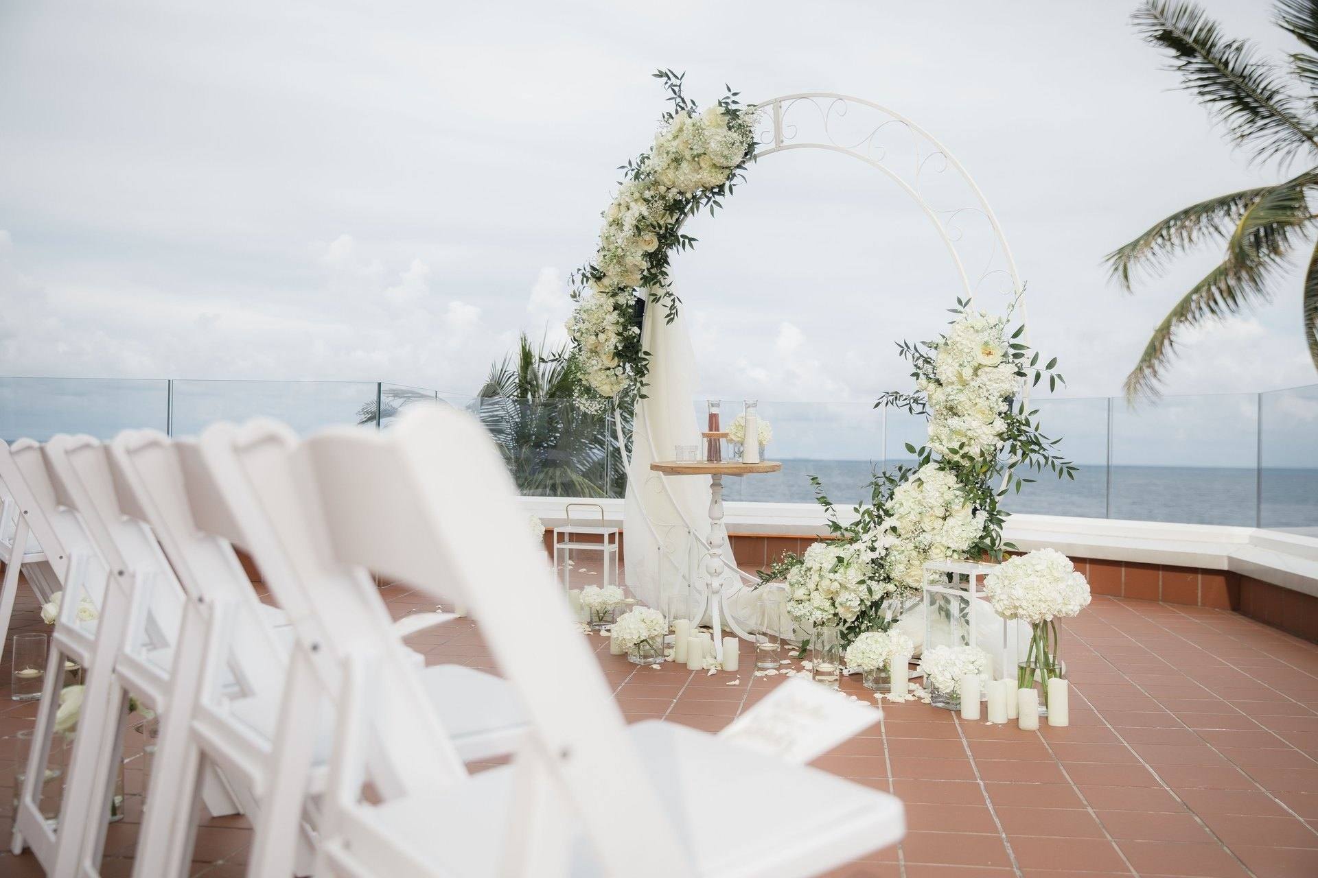 Floral arch set on a rooftop