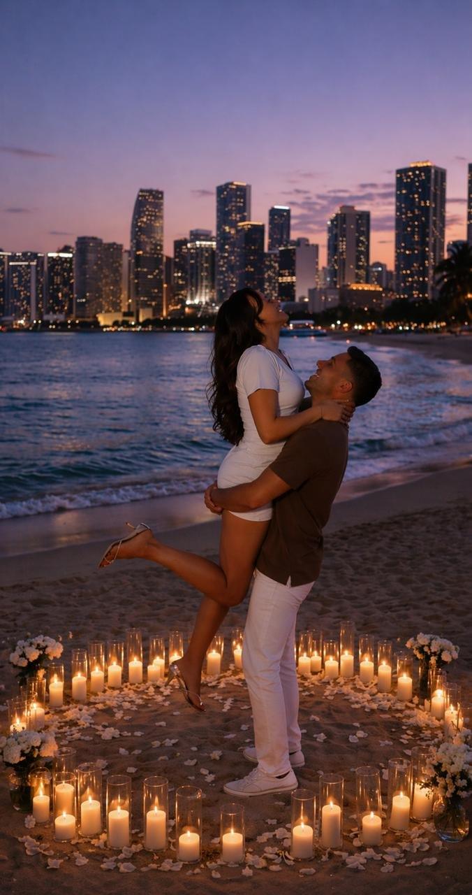 Couple embracing inside a circle of candles with the city skyline at dusk