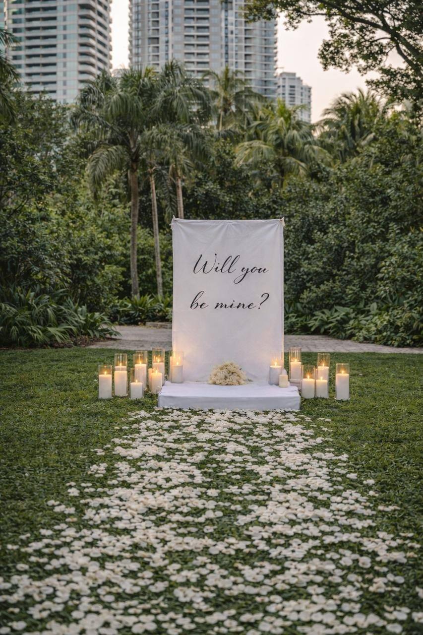 White petal aisle leading to an illuminated sign in a garden