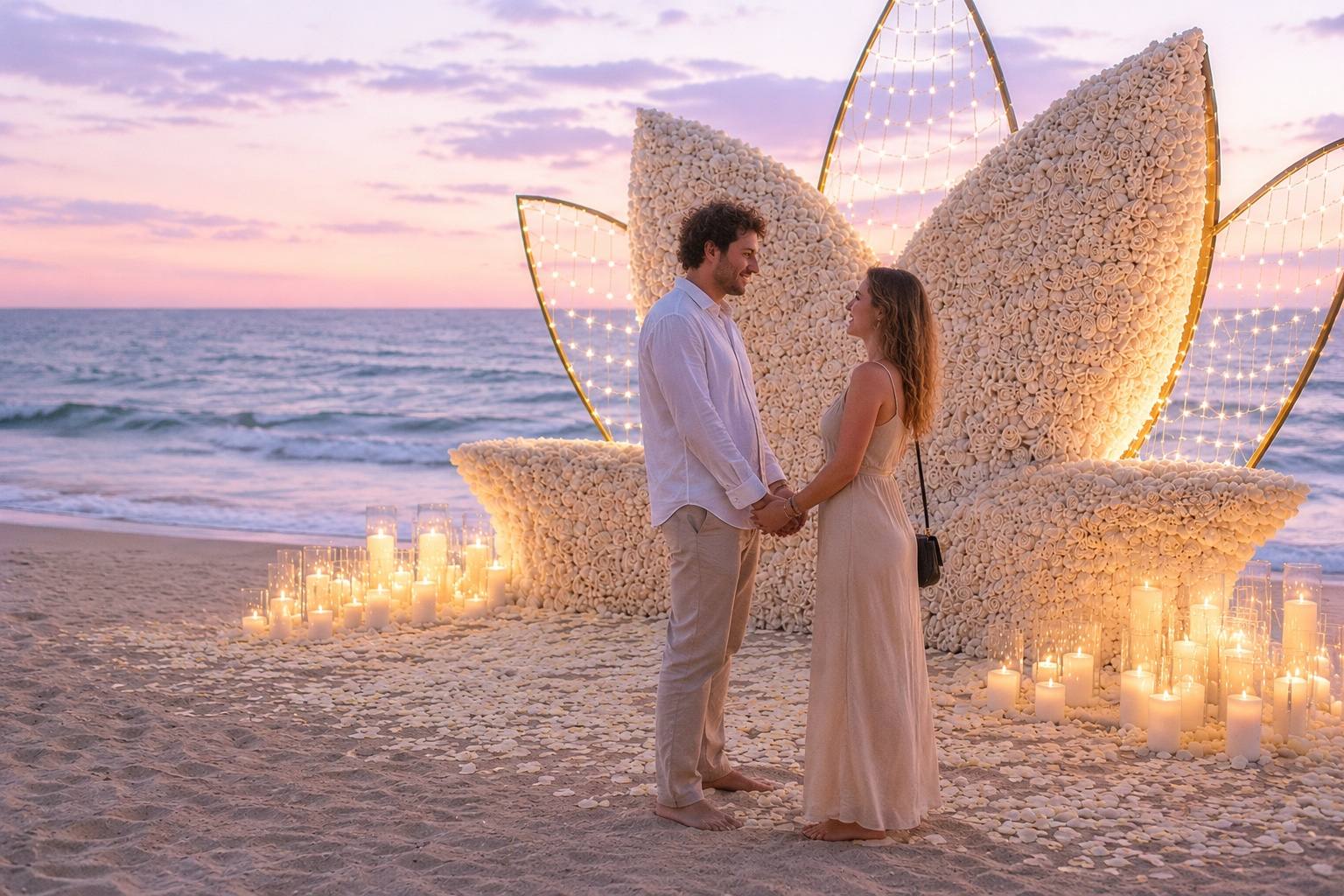 Couple holding hands in front of a lit lotus flower arch of white roses on the beach at dusk