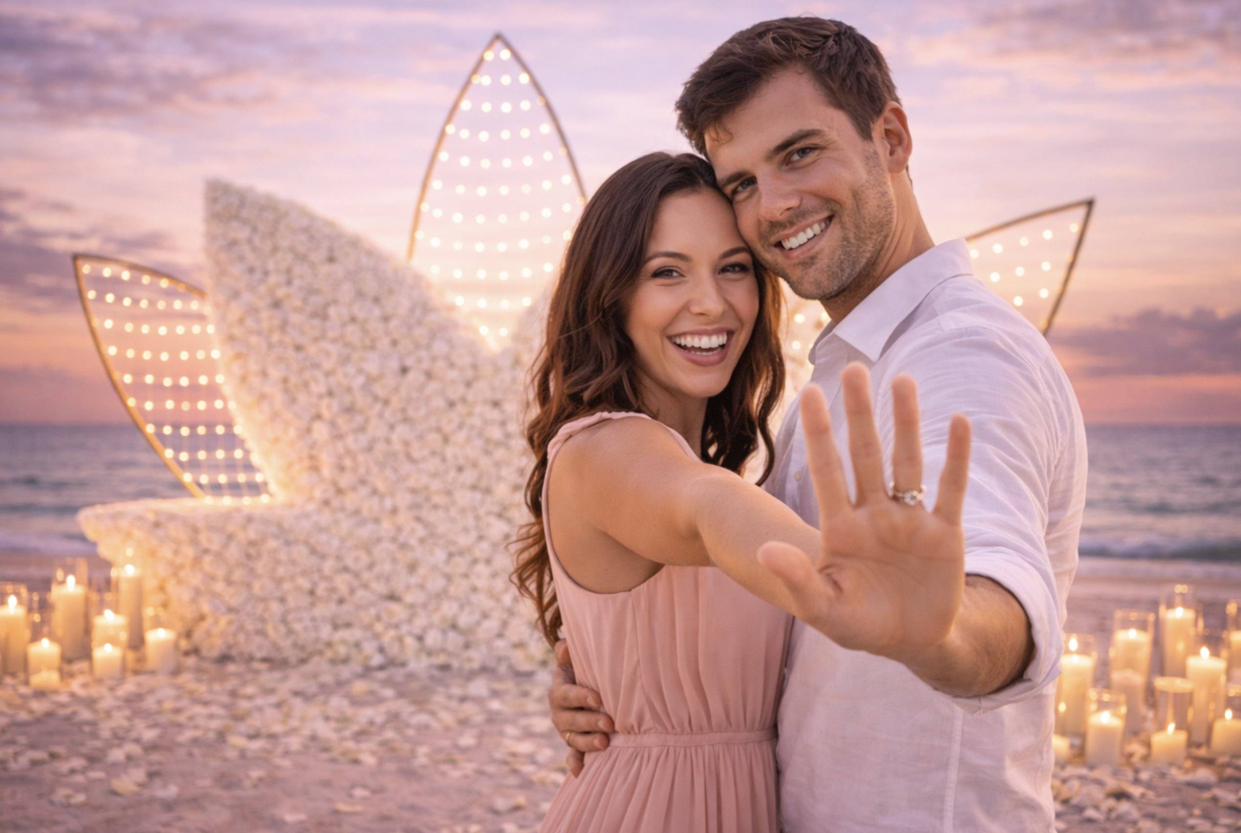 Couple embracing beside a white flower arch at sunset