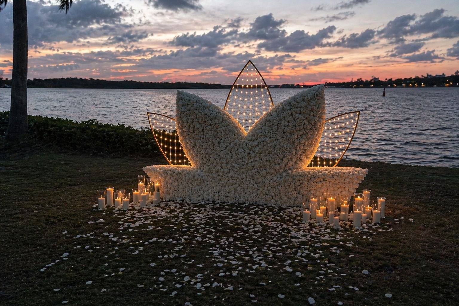 Lotus shaped petal lights and a white flower arch on the beach at dusk