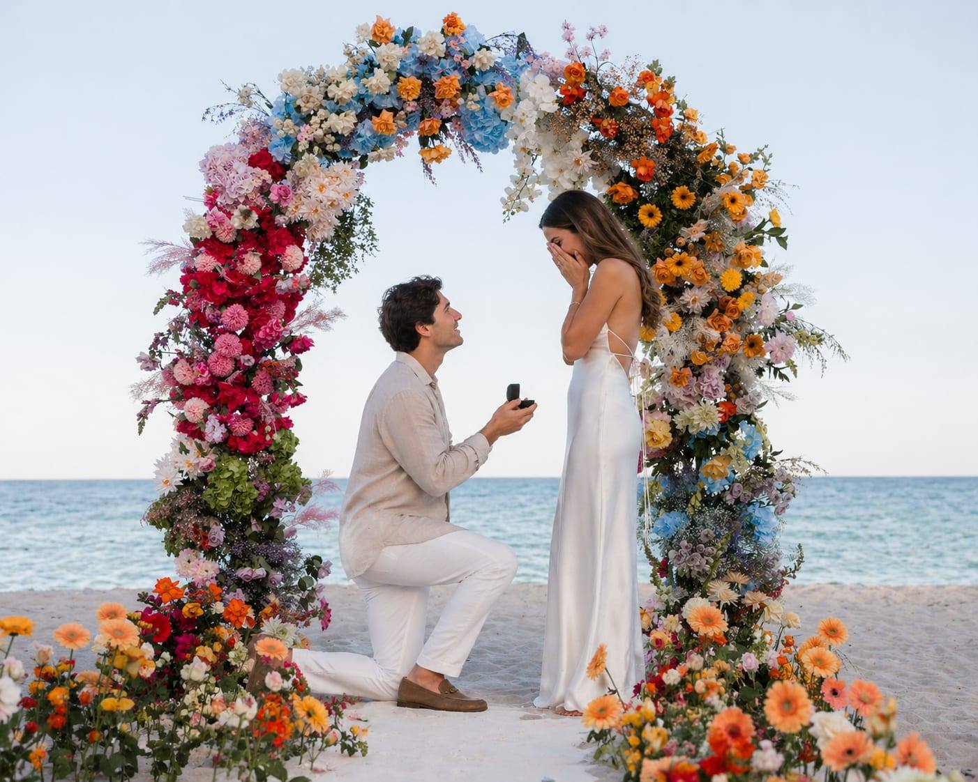 Man kneeling with a ring under an arch of brightly coloured flowers by the sea