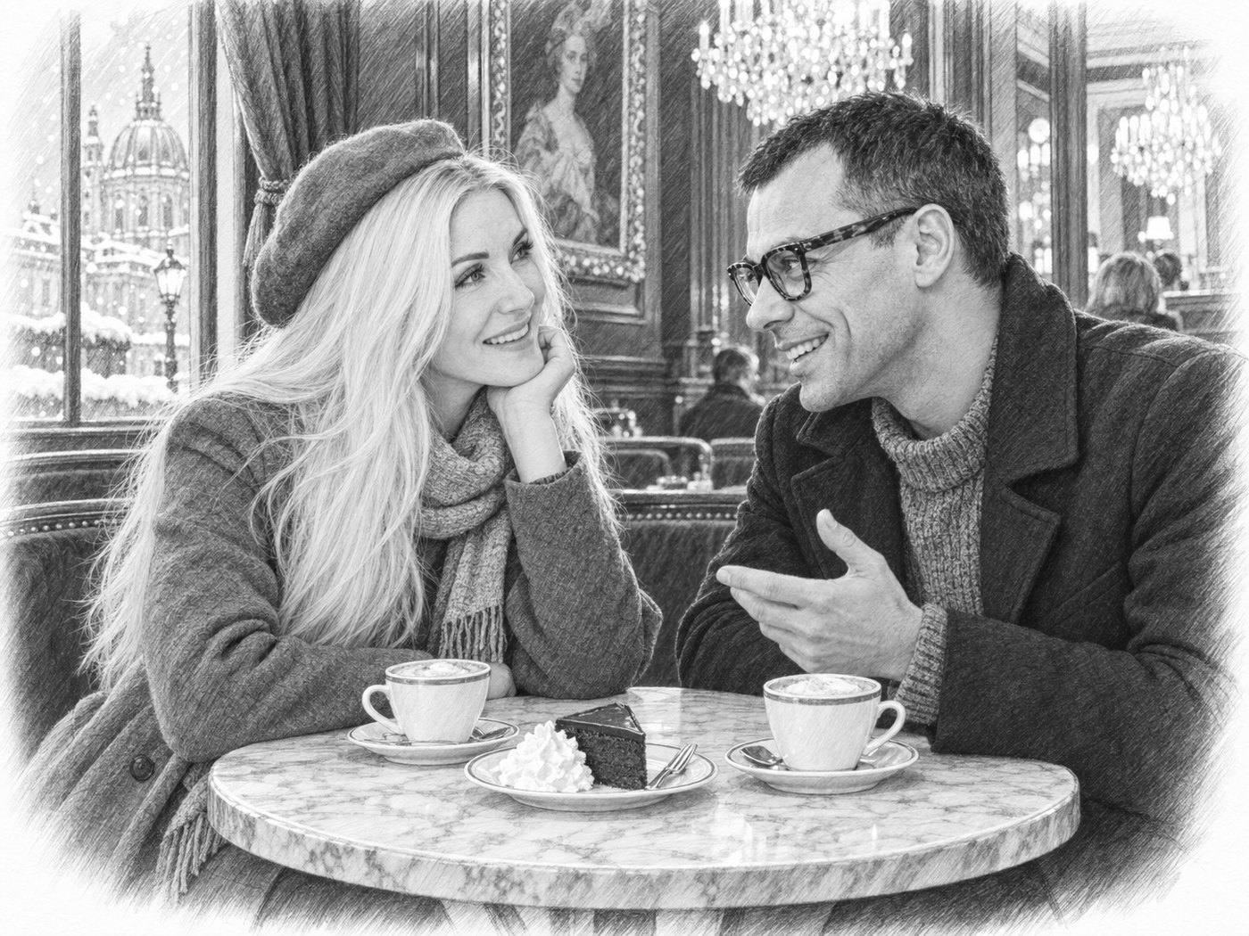 Pencil sketch of Julia and Slava at a marble table in Café Sacher, Vienna