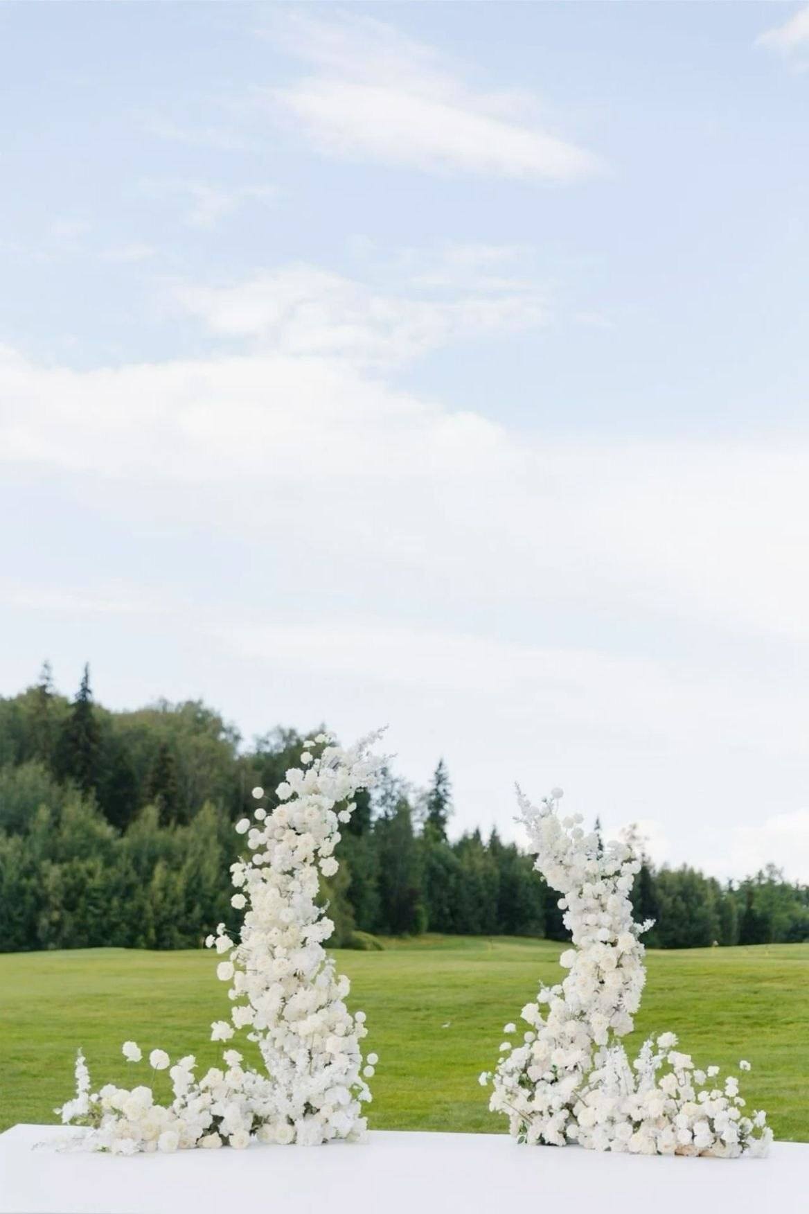 Tall floral towers set on the coast