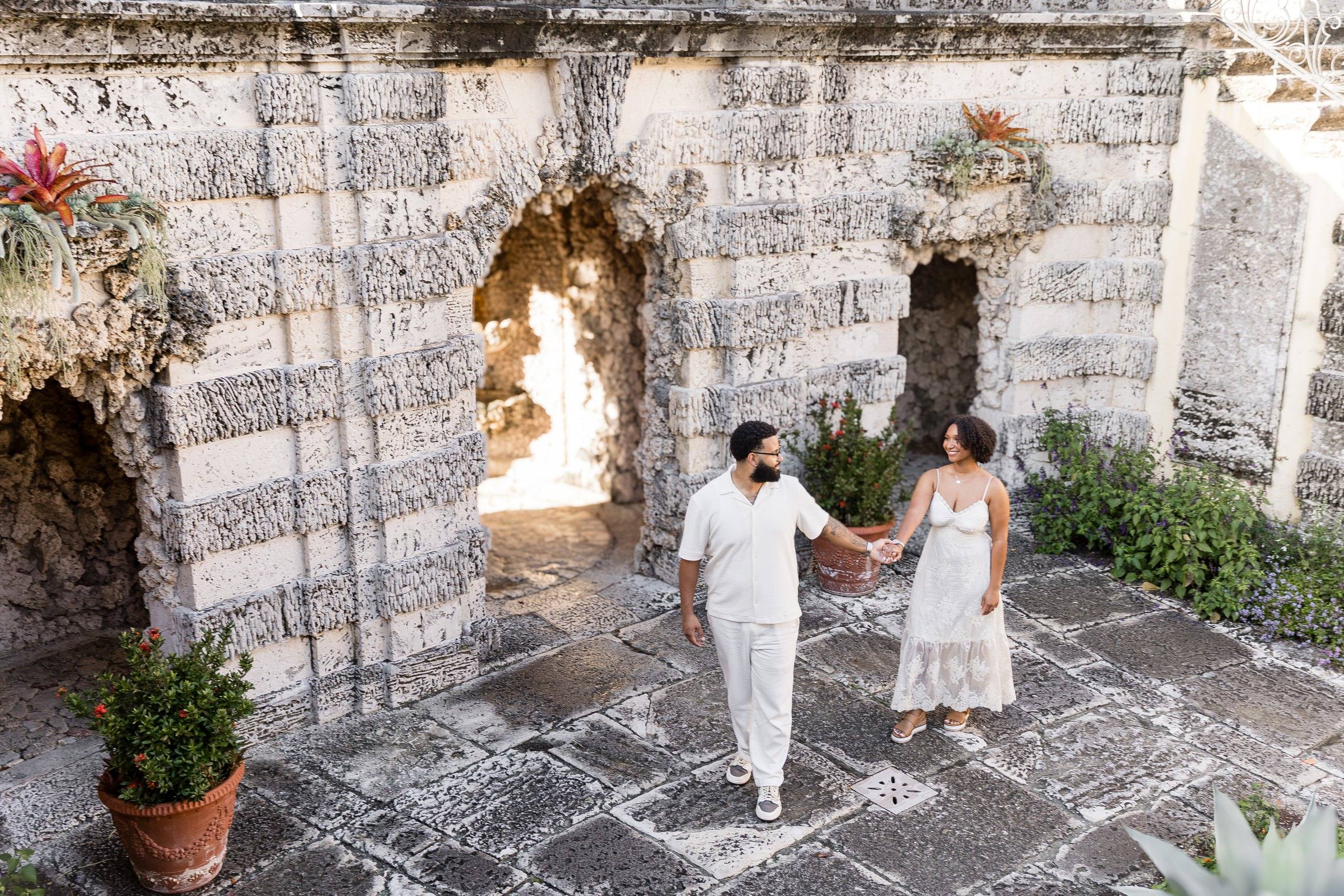 Couple among the stone architecture of Vizcaya