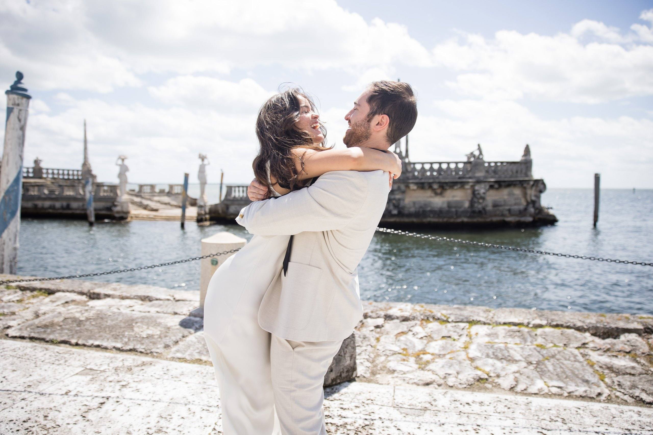 Couple on the garden stairs at Vizcaya