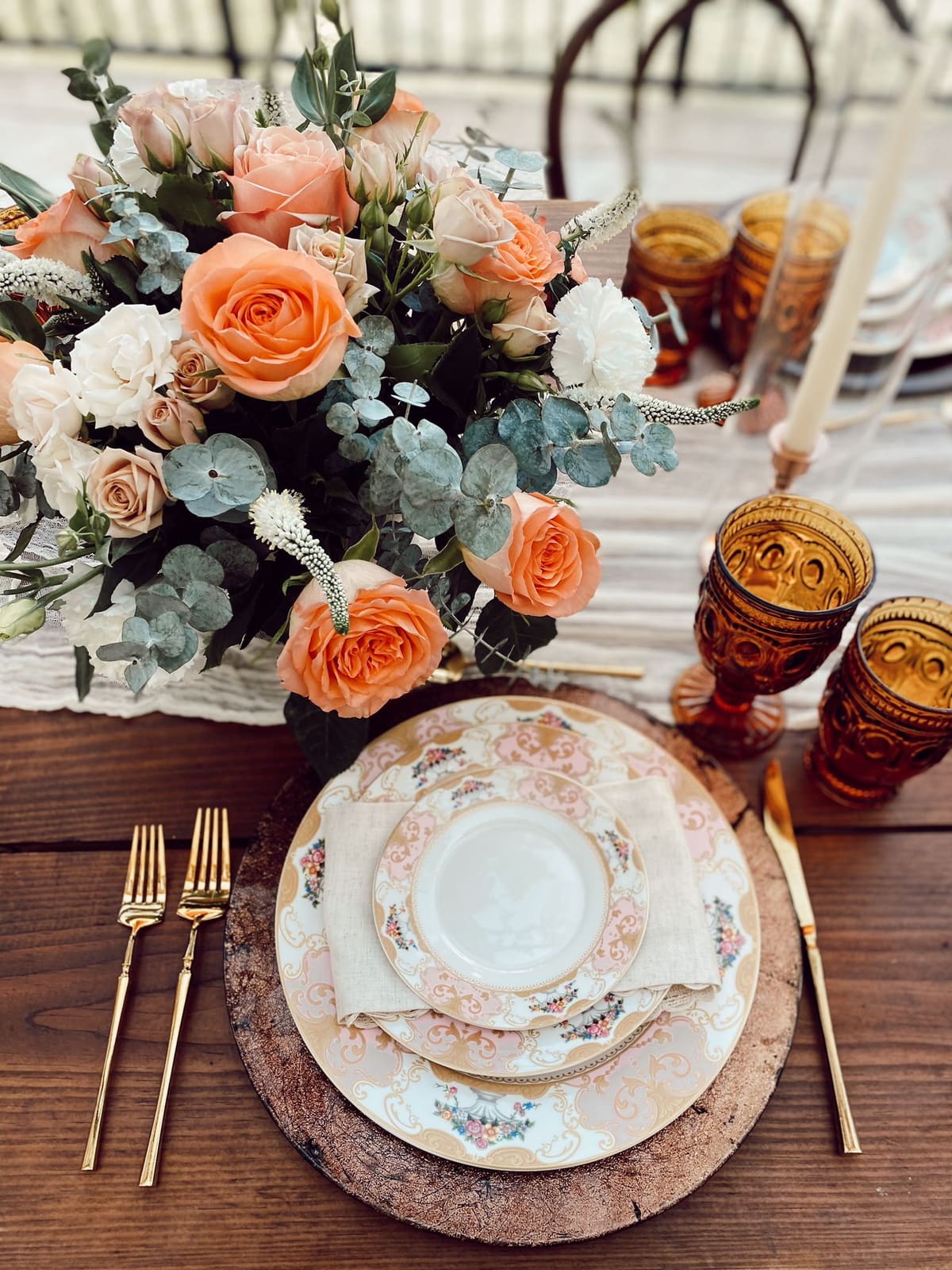 Long decorated table laid for guests