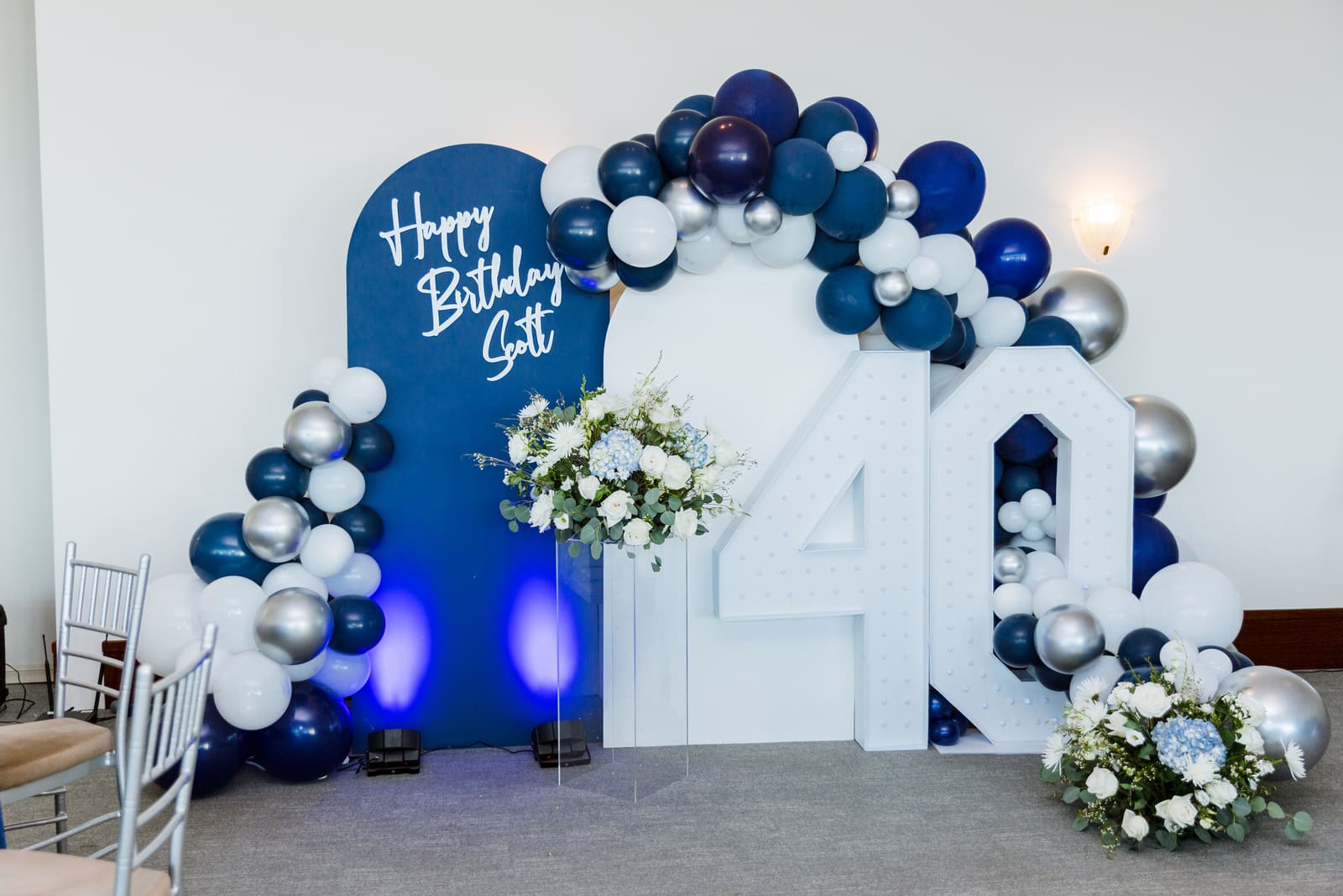 Floral backdrop behind a decorated table